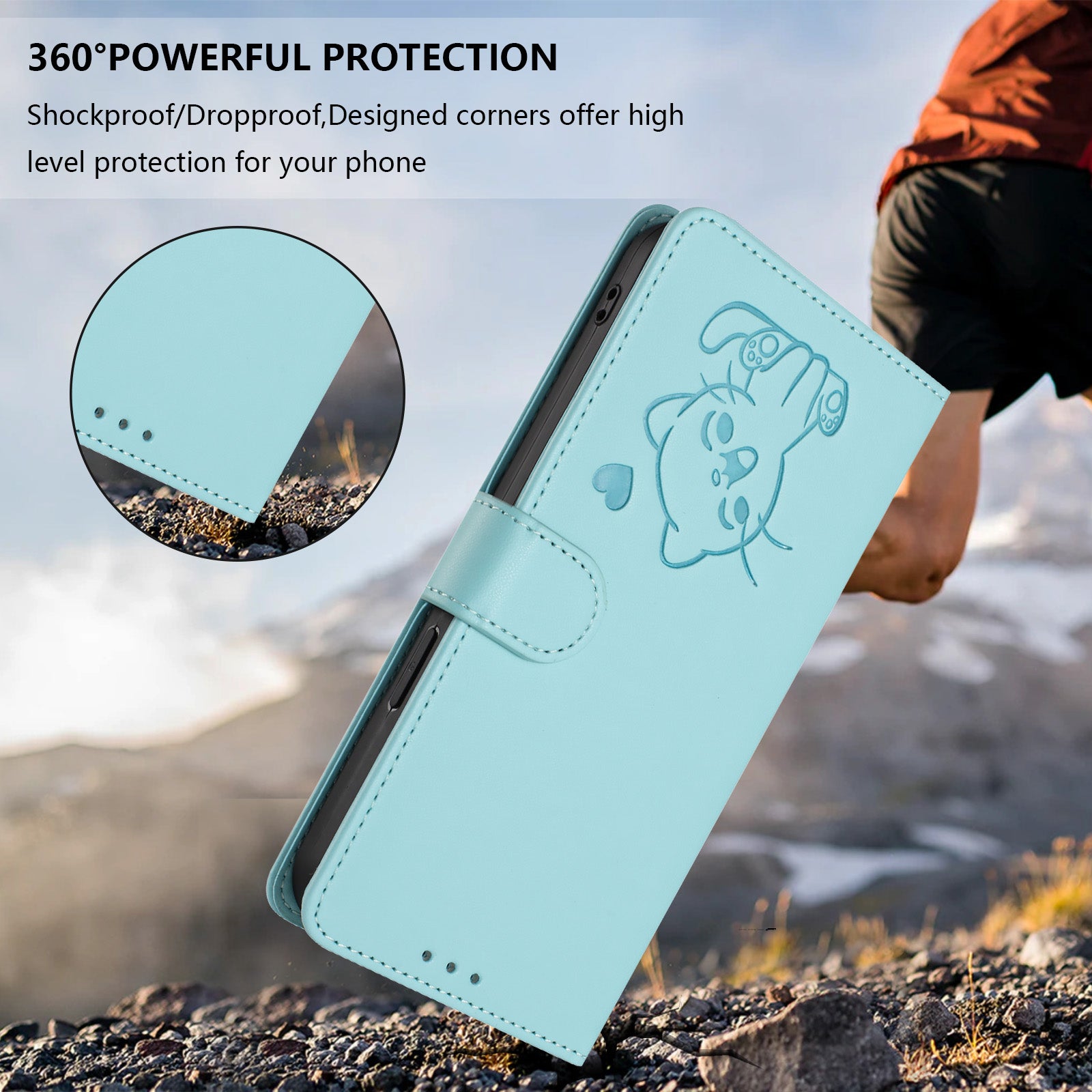 For Xiaomi Poco M8 Pro 5G / Redmi Note 15 Pro+ 5G (Global) Wallet Case with Wrist Strap Love Cat Pattern Imprint Leather Phone Cover - Mint Green
