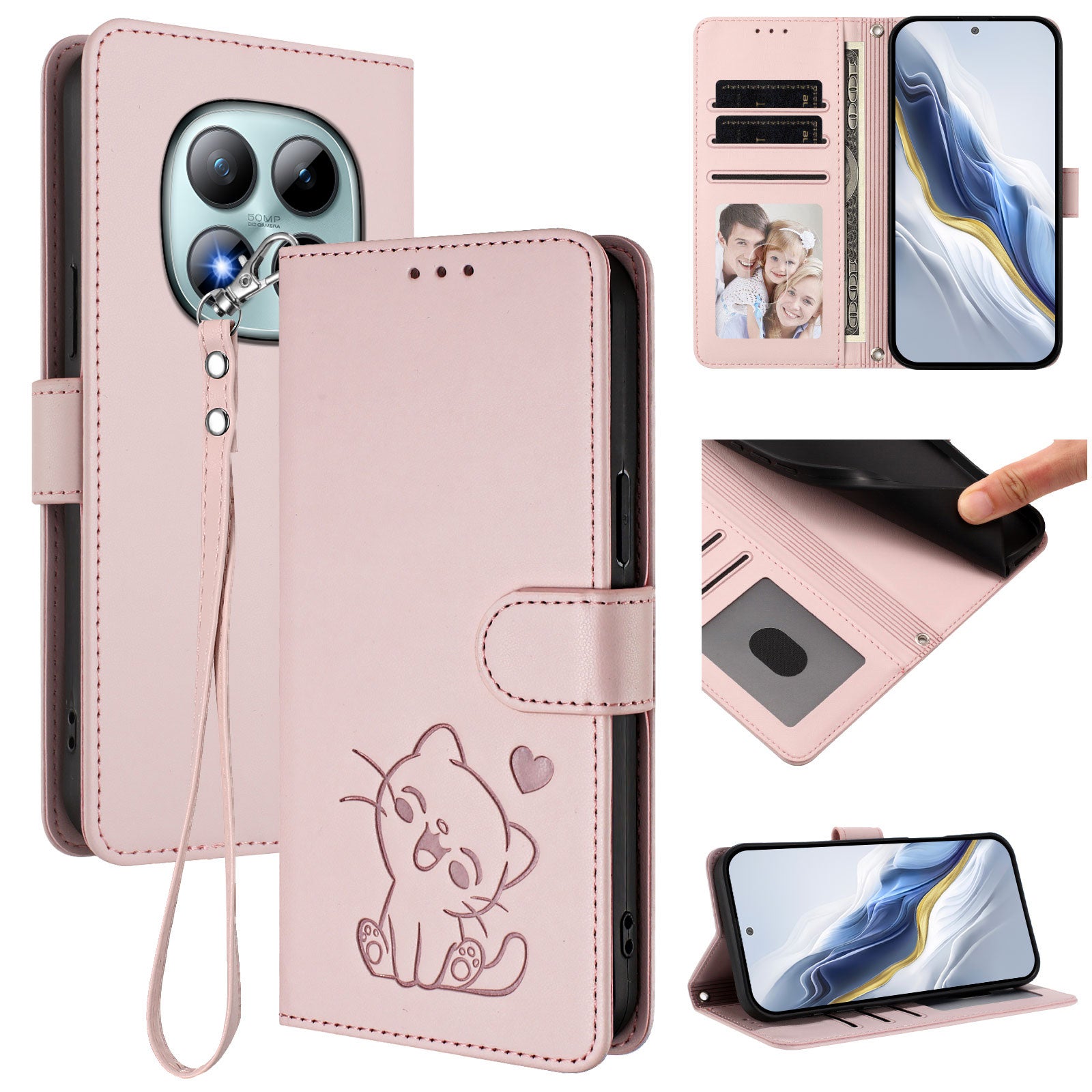 For Xiaomi Poco M8 Pro 5G / Redmi Note 15 Pro+ 5G (Global) Wallet Case with Wrist Strap Love Cat Pattern Imprint Leather Phone Cover - Pink