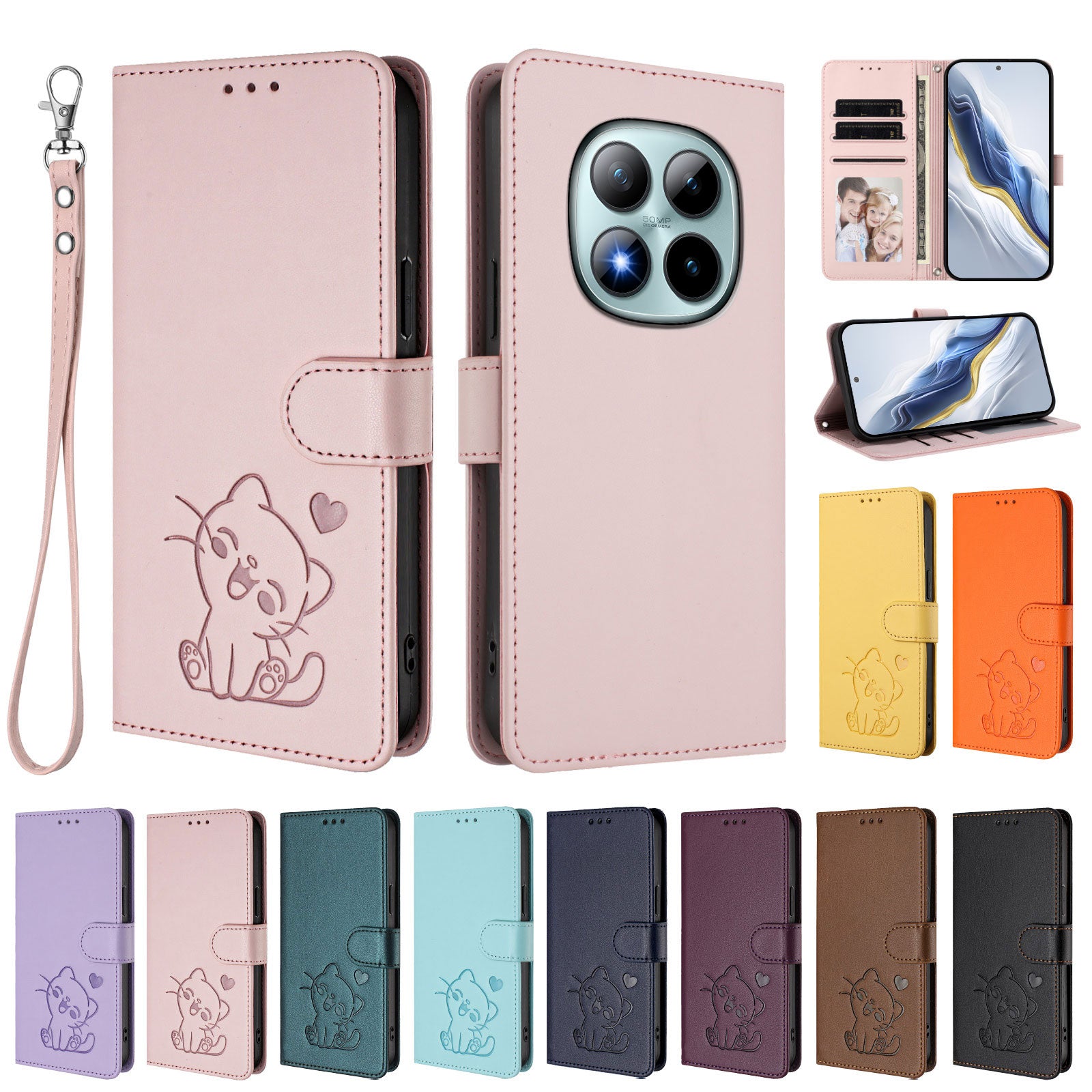 For Xiaomi Poco M8 Pro 5G / Redmi Note 15 Pro+ 5G (Global) Wallet Case with Wrist Strap Love Cat Pattern Imprint Leather Phone Cover - Pink