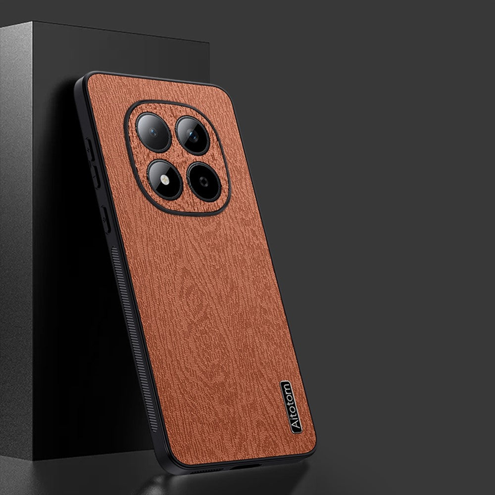 For Xiaomi Poco M8 Pro 5G / Redmi Note 15 Pro+ 5G (Global) Case Wood Texture PU Leather Coated PC TPU Phone Cover - Brown