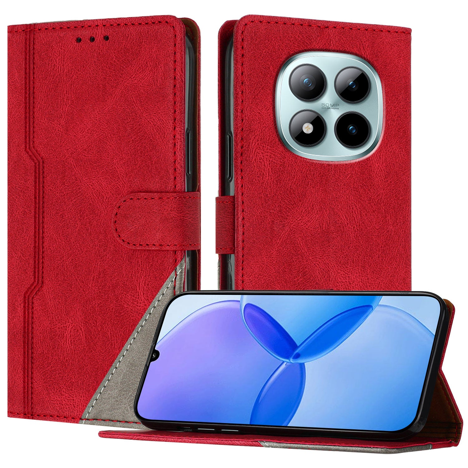 For Xiaomi Poco M8 Pro 5G / Redmi Note 15 Pro+ 5G (Global) Leather Case Triangle Patchwork Wallet Stand Shockproof Phone Cover - Red