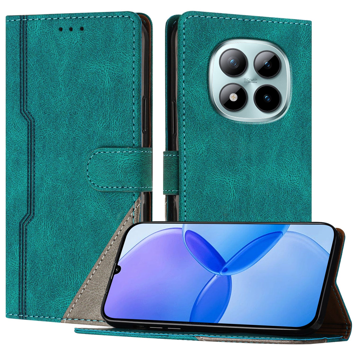 For Xiaomi Poco M8 Pro 5G / Redmi Note 15 Pro+ 5G (Global) Leather Case Triangle Patchwork Wallet Stand Shockproof Phone Cover - Green