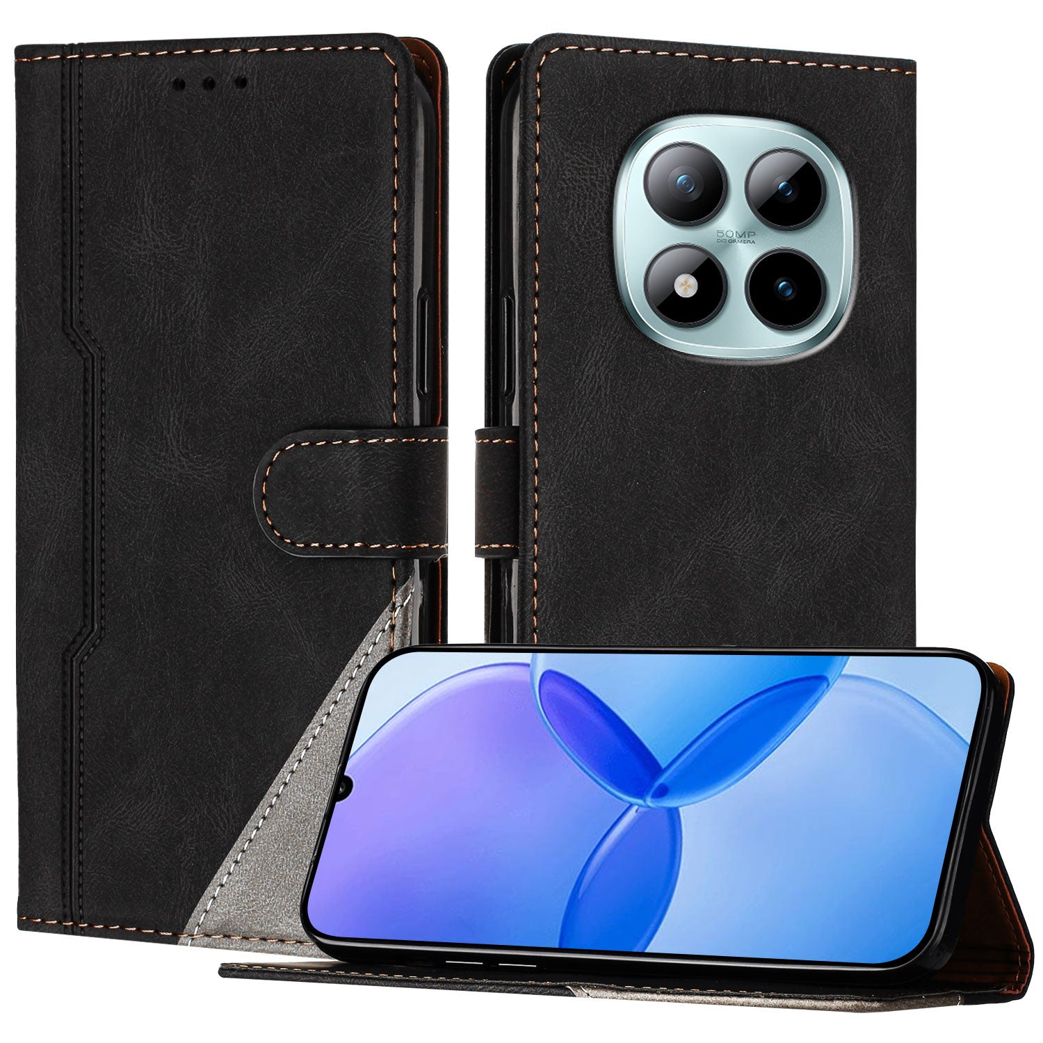 For Xiaomi Poco M8 Pro 5G / Redmi Note 15 Pro+ 5G (Global) Leather Case Triangle Patchwork Wallet Stand Shockproof Phone Cover - Black