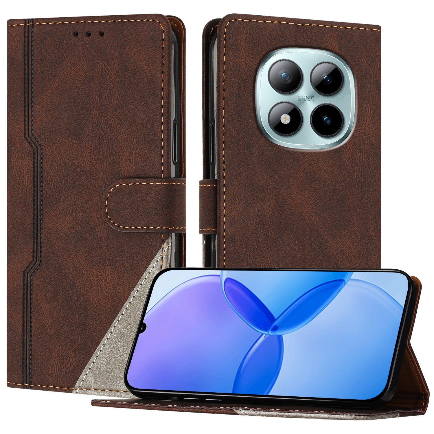 For Xiaomi Poco M8 Pro 5G / Redmi Note 15 Pro+ 5G (Global) Leather Case Triangle Patchwork Wallet Stand Shockproof Phone Cover - Brown