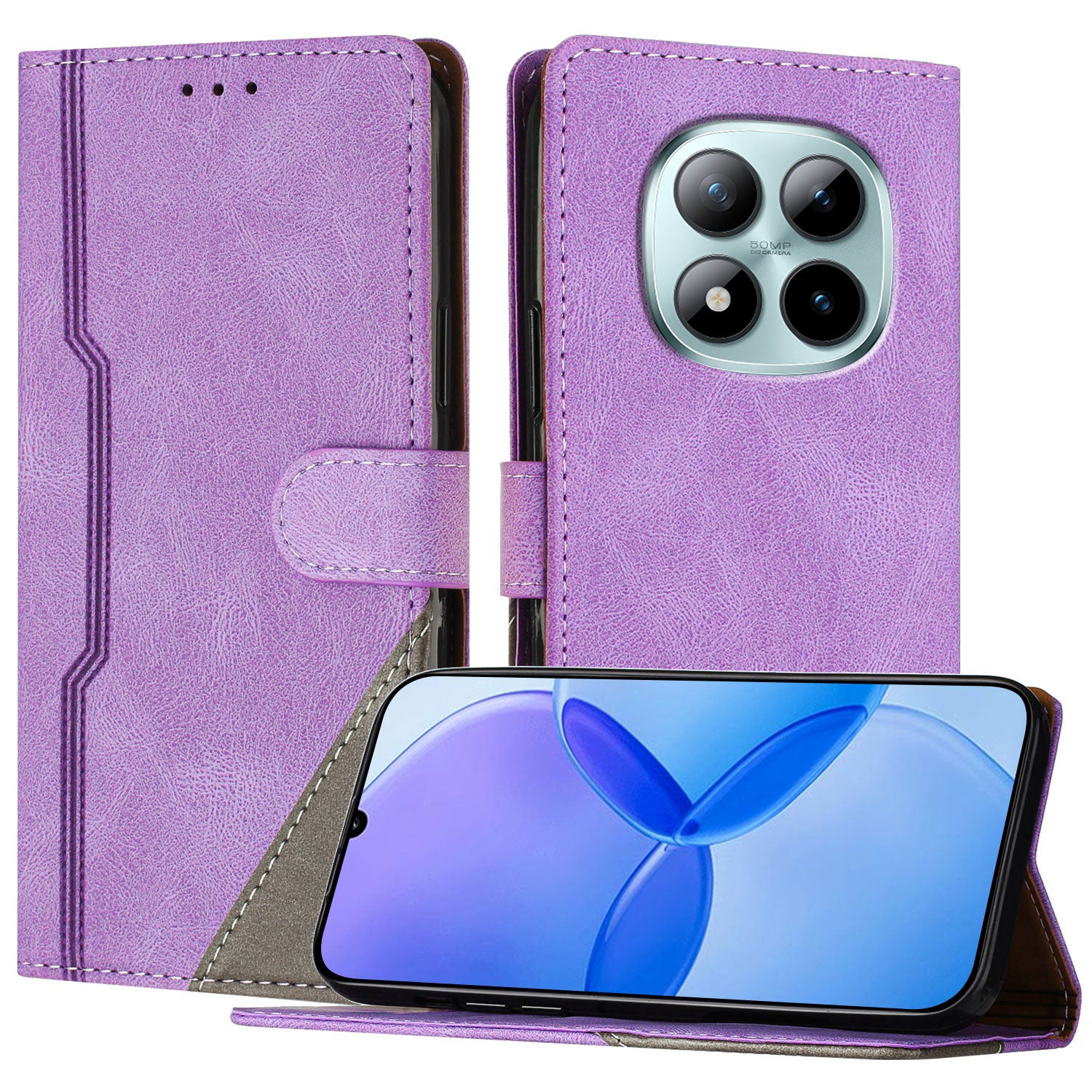 For Xiaomi Poco M8 Pro 5G / Redmi Note 15 Pro+ 5G (Global) Leather Case Triangle Patchwork Wallet Stand Shockproof Phone Cover - Purple