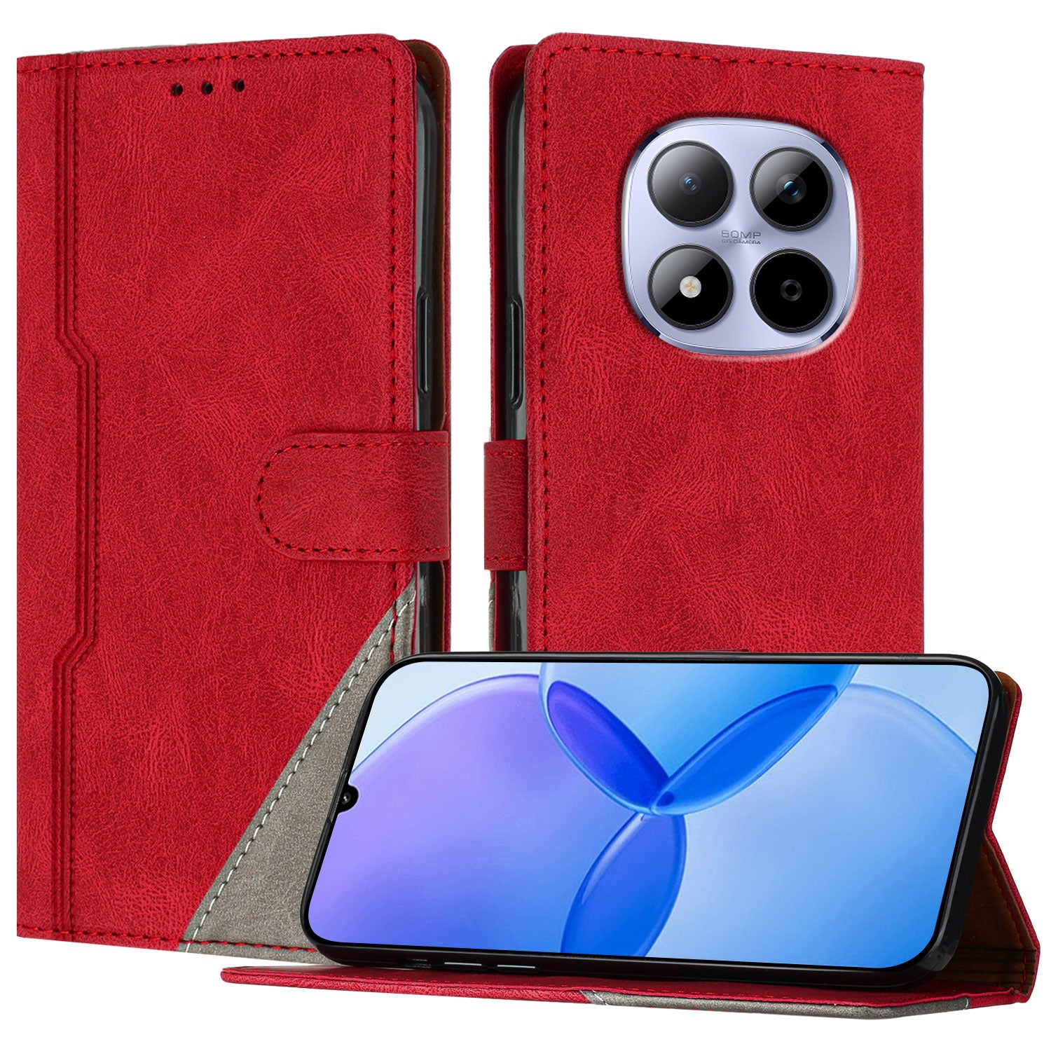 For Xiaomi Redmi Note 15 Pro 5G (Global) Leather Case Triangle Patchwork Wallet Stand Shockproof Phone Cover - Red