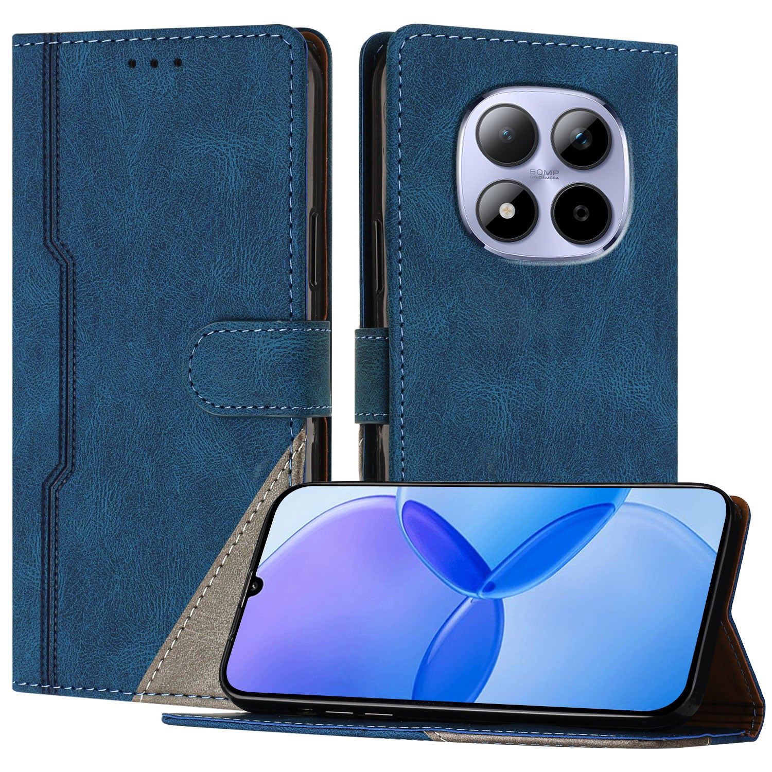 For Xiaomi Redmi Note 15 Pro 5G (Global) Leather Case Triangle Patchwork Wallet Stand Shockproof Phone Cover - Blue