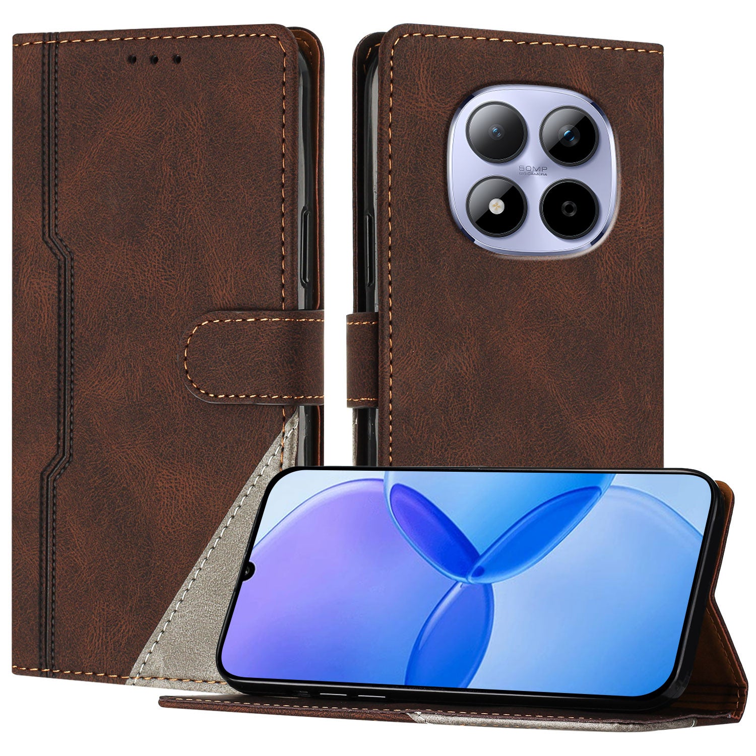 For Xiaomi Redmi Note 15 Pro 5G (Global) Leather Case Triangle Patchwork Wallet Stand Shockproof Phone Cover - Brown