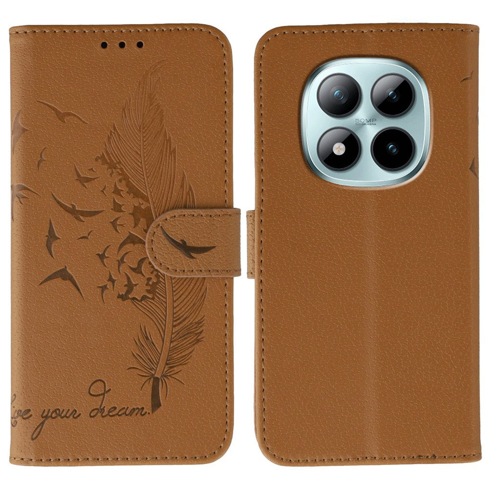 For Xiaomi Redmi Poco M8 Pro 5G / Redmi Note 15 Pro+ 5G (Global) Case Feather Imprint PU Leather Wallet Phone Cover - Brown