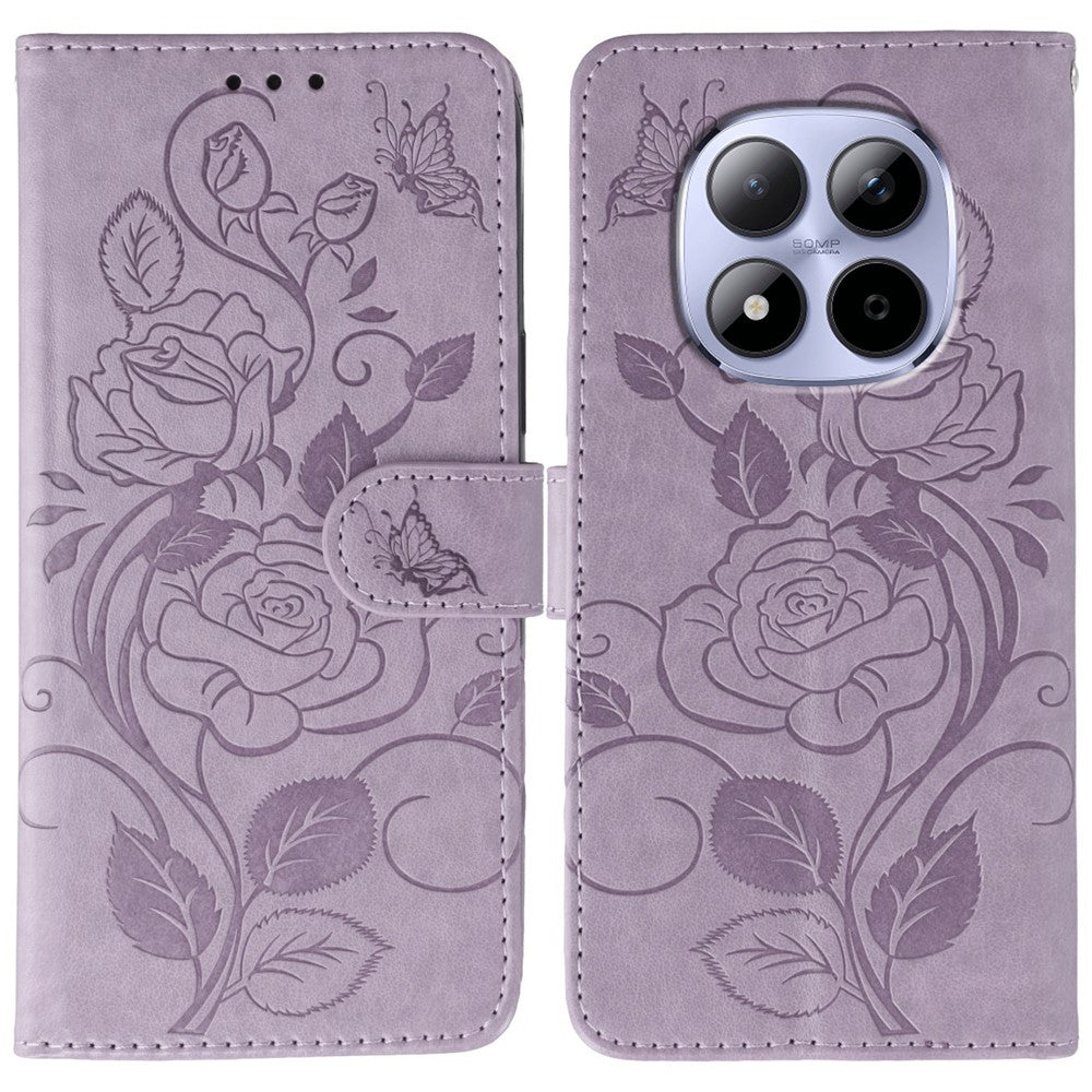 For Xiaomi Redmi Note 15 Pro 5G (Global) Case Wallet Stand Imprinted Rose Butterfly PU Leather Phone Cover - Purple