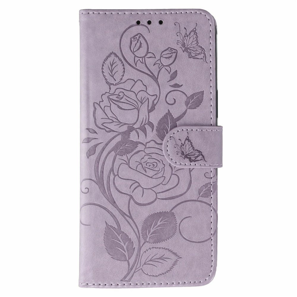 For Xiaomi Redmi Note 15 Pro 5G (Global) Case Wallet Stand Imprinted Rose Butterfly PU Leather Phone Cover - Purple