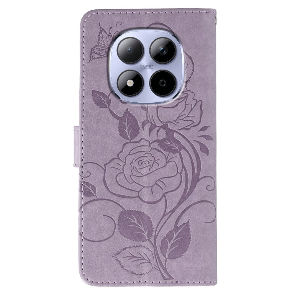 For Xiaomi Redmi Note 15 Pro 5G (Global) Case Wallet Stand Imprinted Rose Butterfly PU Leather Phone Cover - Purple