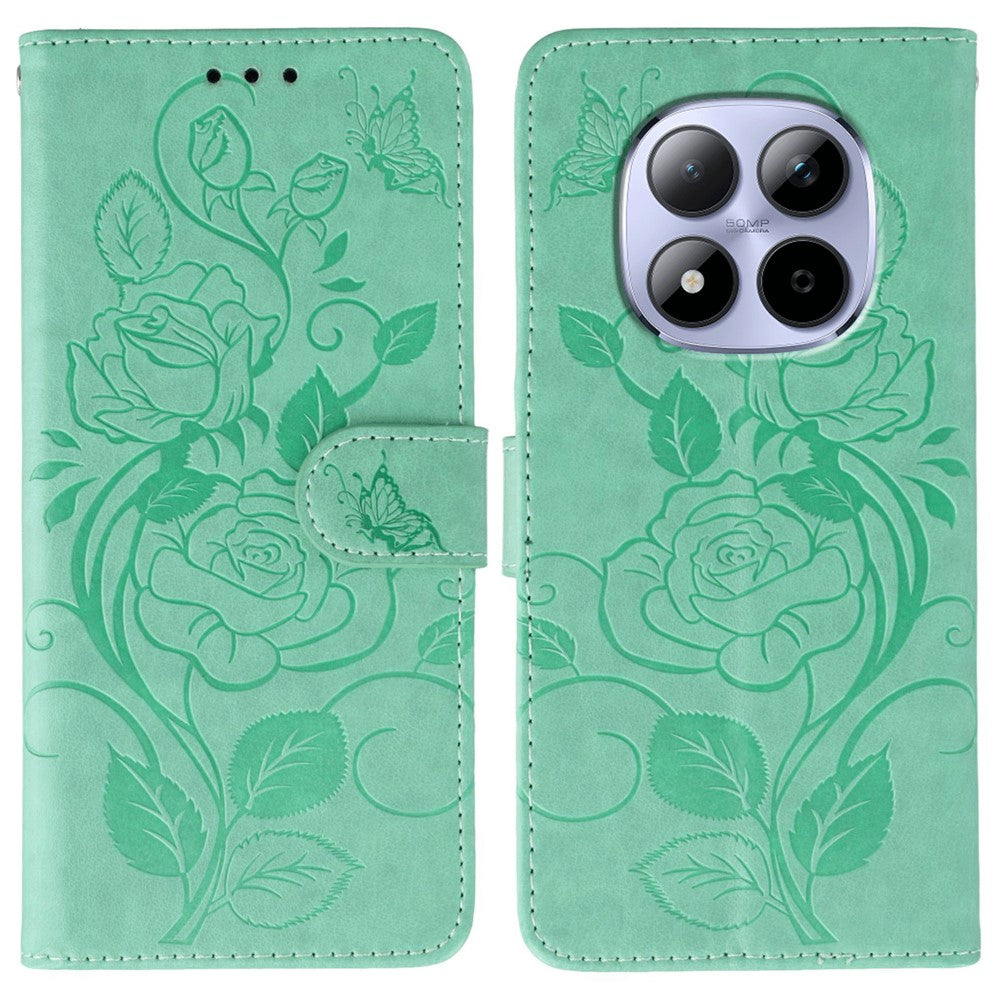 For Xiaomi Redmi Note 15 Pro 5G (Global) Case Wallet Stand Imprinted Rose Butterfly PU Leather Phone Cover - Green