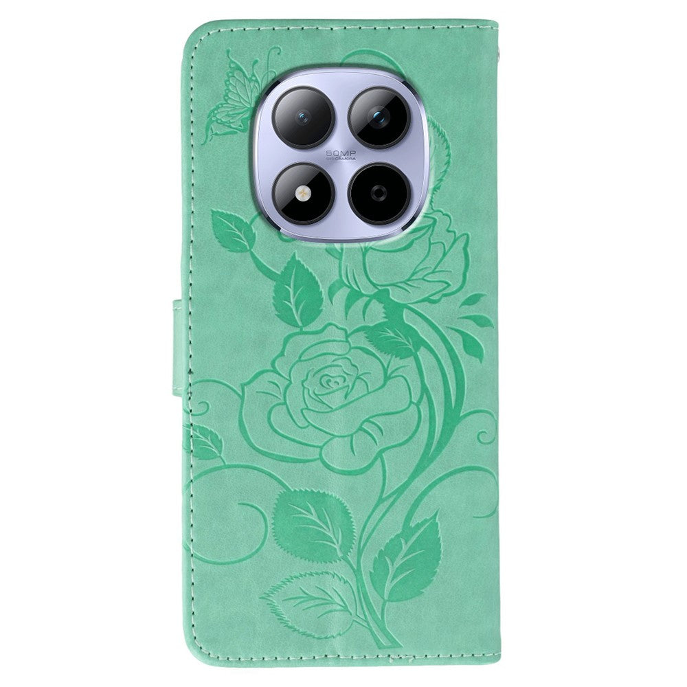 For Xiaomi Redmi Note 15 Pro 5G (Global) Case Wallet Stand Imprinted Rose Butterfly PU Leather Phone Cover - Green