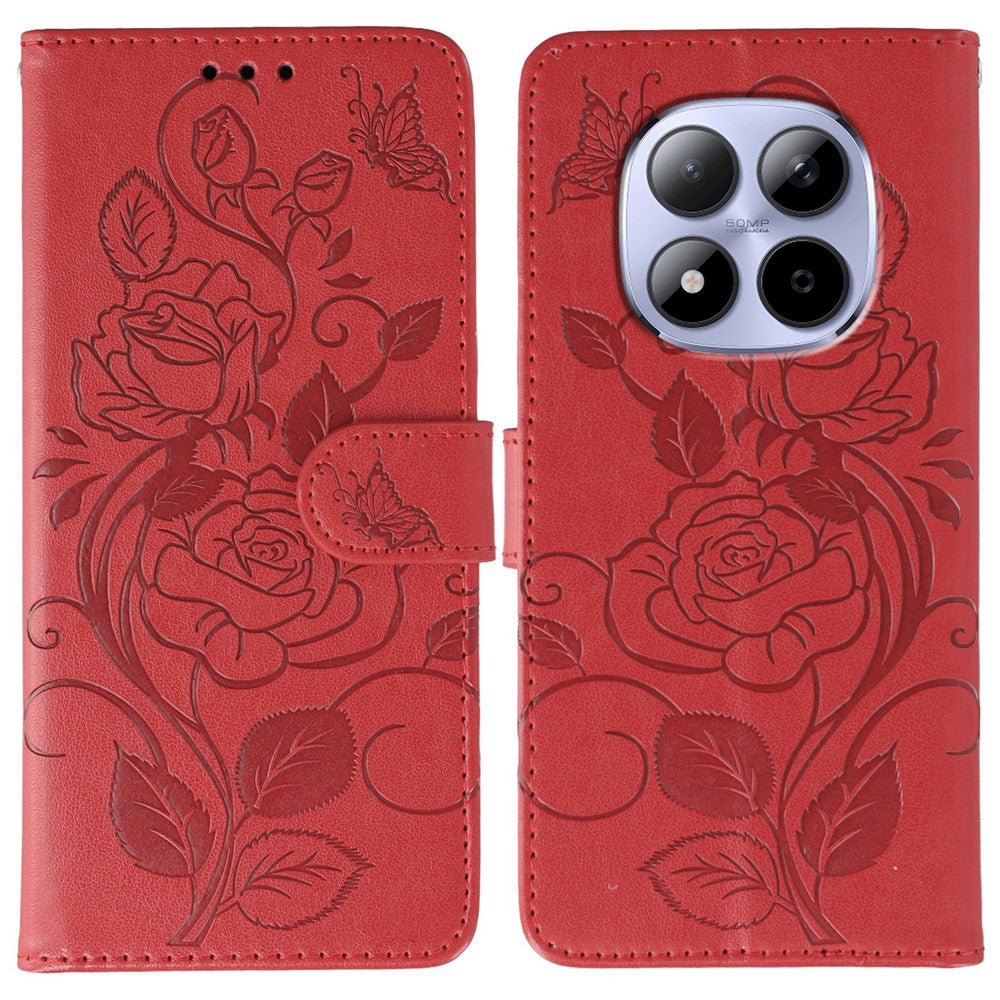 For Xiaomi Redmi Note 15 Pro 5G (Global) Case Wallet Stand Imprinted Rose Butterfly PU Leather Phone Cover - Red