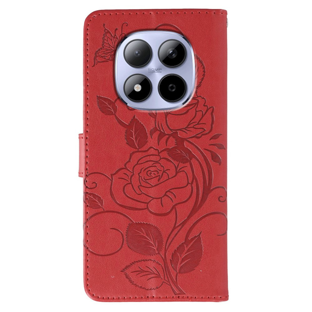 For Xiaomi Redmi Note 15 Pro 5G (Global) Case Wallet Stand Imprinted Rose Butterfly PU Leather Phone Cover - Red