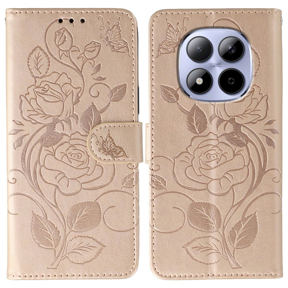 For Xiaomi Redmi Note 15 Pro 5G (Global) Case Wallet Stand Imprinted Rose Butterfly PU Leather Phone Cover - Rose Gold