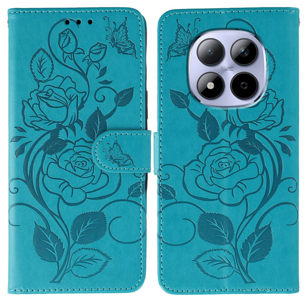 For Xiaomi Redmi Note 15 Pro 5G (Global) Case Wallet Stand Imprinted Rose Butterfly PU Leather Phone Cover - Blue