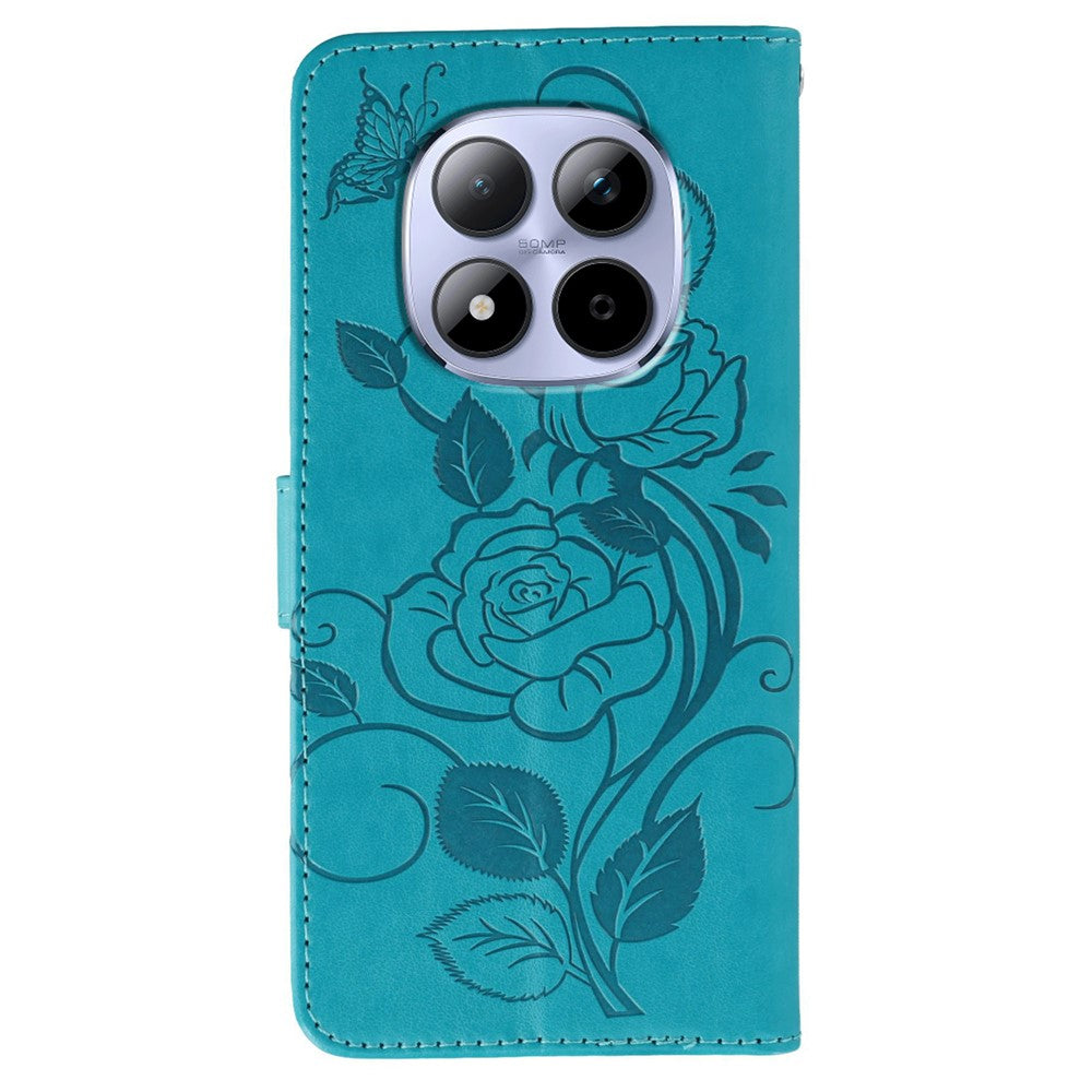 For Xiaomi Redmi Note 15 Pro 5G (Global) Case Wallet Stand Imprinted Rose Butterfly PU Leather Phone Cover - Blue
