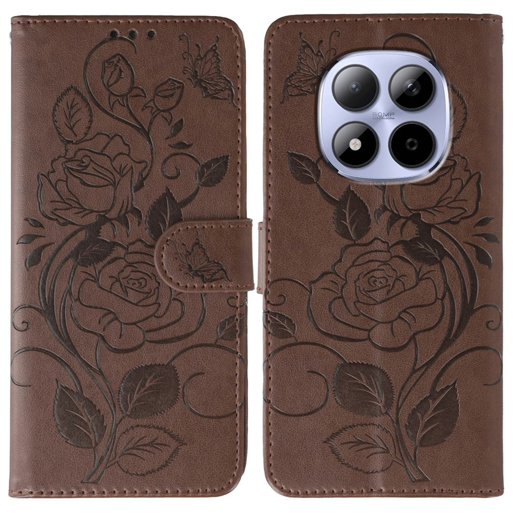 For Xiaomi Redmi Note 15 Pro 5G (Global) Case Wallet Stand Imprinted Rose Butterfly PU Leather Phone Cover - Brown