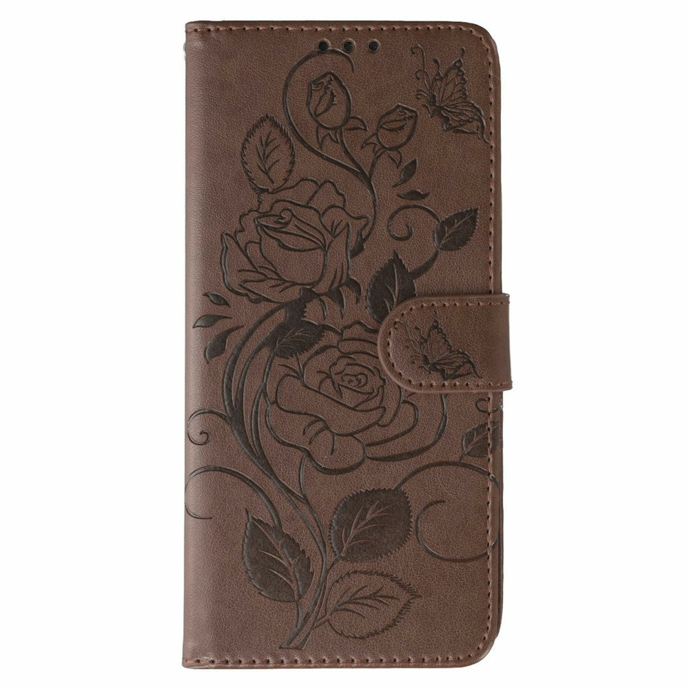 For Xiaomi Redmi Note 15 Pro 5G (Global) Case Wallet Stand Imprinted Rose Butterfly PU Leather Phone Cover - Brown