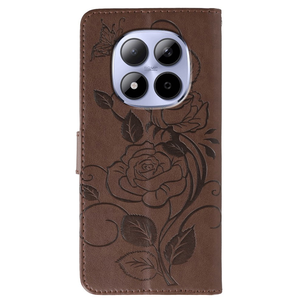For Xiaomi Redmi Note 15 Pro 5G (Global) Case Wallet Stand Imprinted Rose Butterfly PU Leather Phone Cover - Brown