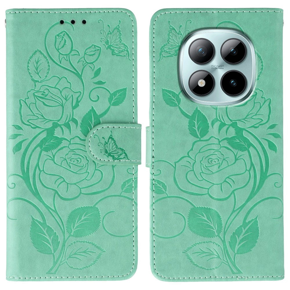 For Xiaomi Redmi Poco M8 Pro 5G / Redmi Note 15 Pro+ 5G (Global) Case Wallet Stand Imprinted Rose Butterfly PU Leather Phone Cover - Green