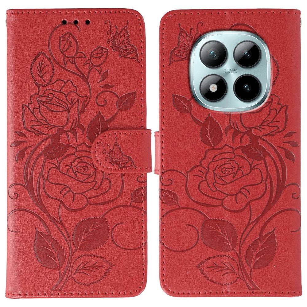 For Xiaomi Redmi Poco M8 Pro 5G / Redmi Note 15 Pro+ 5G (Global) Case Wallet Stand Imprinted Rose Butterfly PU Leather Phone Cover - Red