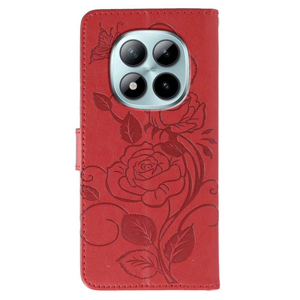 For Xiaomi Redmi Poco M8 Pro 5G / Redmi Note 15 Pro+ 5G (Global) Case Wallet Stand Imprinted Rose Butterfly PU Leather Phone Cover - Red
