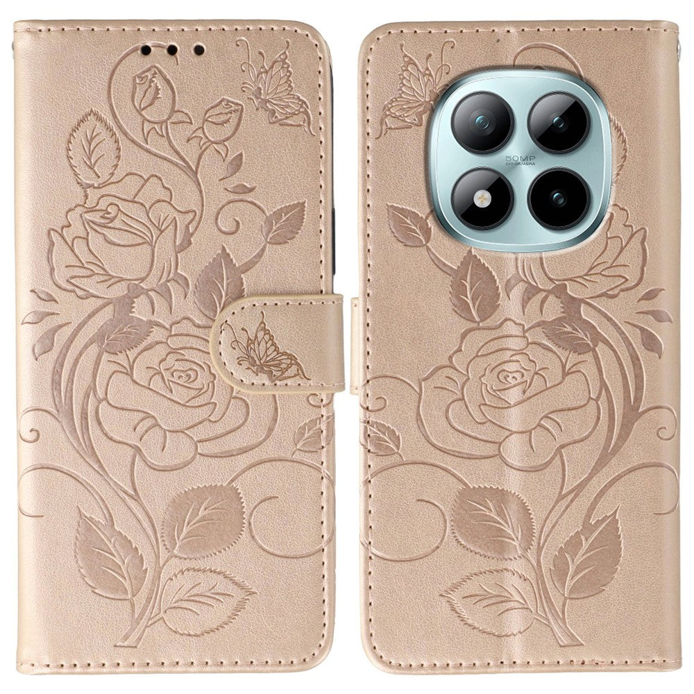 For Xiaomi Redmi Poco M8 Pro 5G / Redmi Note 15 Pro+ 5G (Global) Case Wallet Stand Imprinted Rose Butterfly PU Leather Phone Cover - Rose Gold