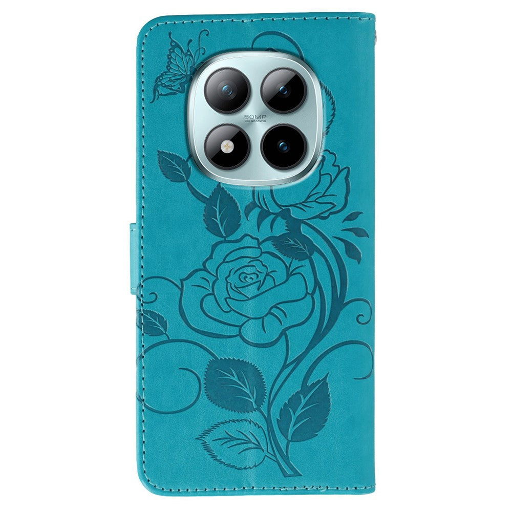 For Xiaomi Redmi Poco M8 Pro 5G / Redmi Note 15 Pro+ 5G (Global) Case Wallet Stand Imprinted Rose Butterfly PU Leather Phone Cover - Blue