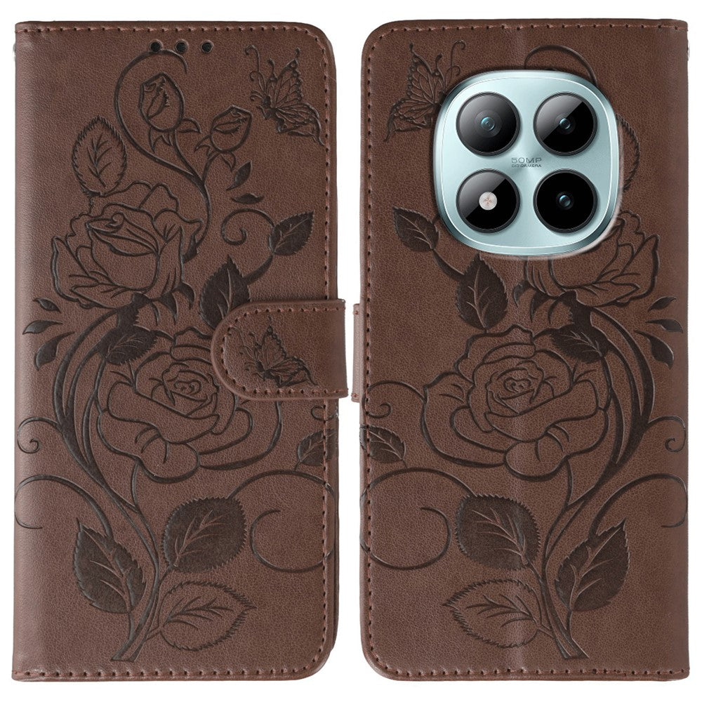 For Xiaomi Redmi Poco M8 Pro 5G / Redmi Note 15 Pro+ 5G (Global) Case Wallet Stand Imprinted Rose Butterfly PU Leather Phone Cover - Brown