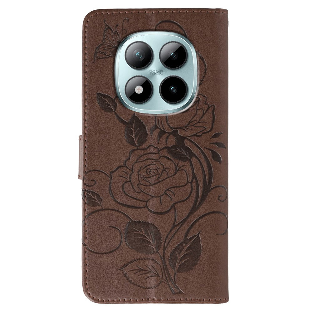 For Xiaomi Redmi Poco M8 Pro 5G / Redmi Note 15 Pro+ 5G (Global) Case Wallet Stand Imprinted Rose Butterfly PU Leather Phone Cover - Brown