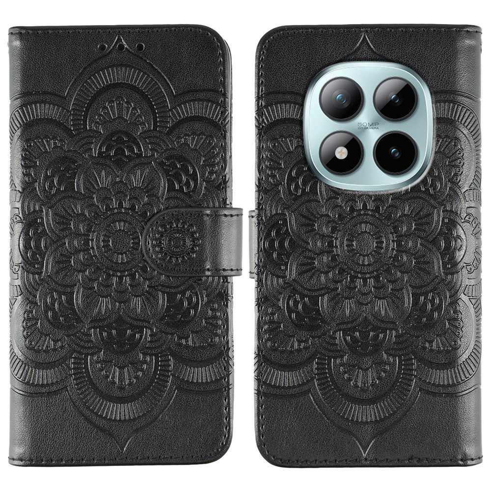 For Xiaomi Poco M8 Pro 5G / Redmi Note 15 Pro+ 5G (Global) Case PU Leather Mandala Imprinted Design Wallet Phone Cover with Wrist Strap - Black