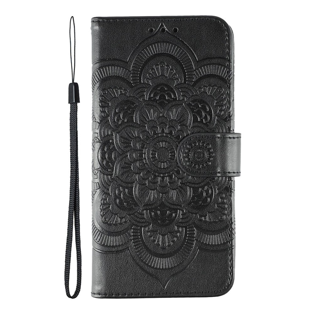 For Xiaomi Poco M8 Pro 5G / Redmi Note 15 Pro+ 5G (Global) Case PU Leather Mandala Imprinted Design Wallet Phone Cover with Wrist Strap - Black