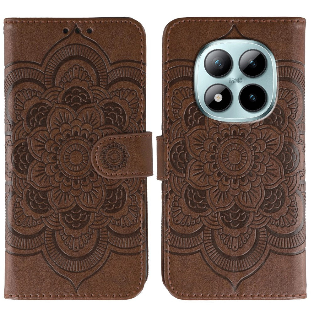 For Xiaomi Poco M8 Pro 5G / Redmi Note 15 Pro+ 5G (Global) Case PU Leather Mandala Imprinted Design Wallet Phone Cover with Wrist Strap - Brown