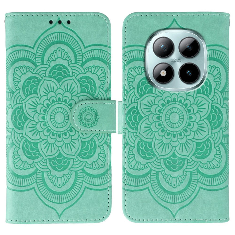 For Xiaomi Poco M8 Pro 5G / Redmi Note 15 Pro+ 5G (Global) Case PU Leather Mandala Imprinted Design Wallet Phone Cover with Wrist Strap - Green
