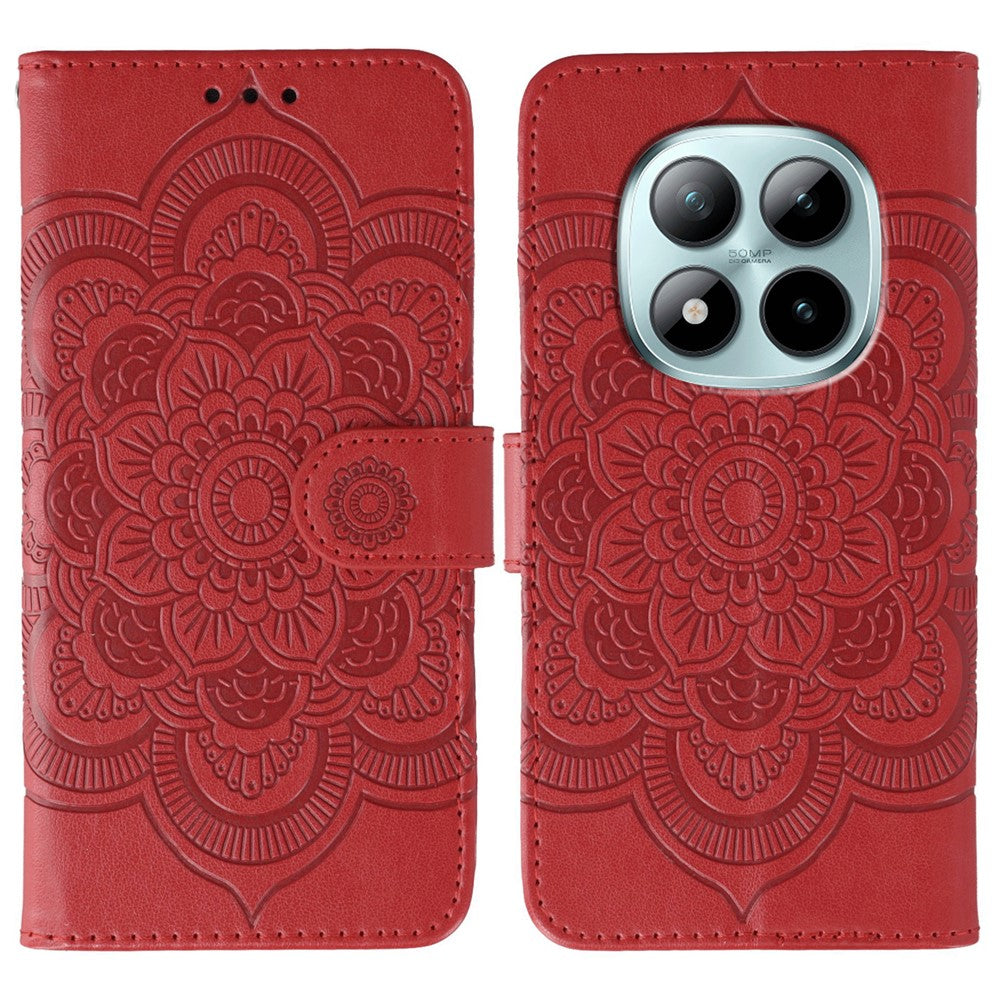 For Xiaomi Poco M8 Pro 5G / Redmi Note 15 Pro+ 5G (Global) Case PU Leather Mandala Imprinted Design Wallet Phone Cover with Wrist Strap - Red