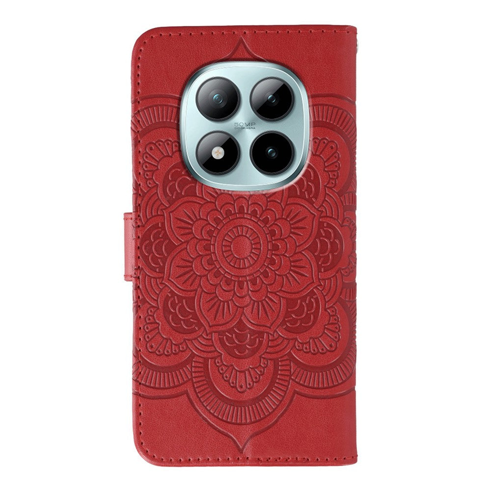 For Xiaomi Poco M8 Pro 5G / Redmi Note 15 Pro+ 5G (Global) Case PU Leather Mandala Imprinted Design Wallet Phone Cover with Wrist Strap - Red