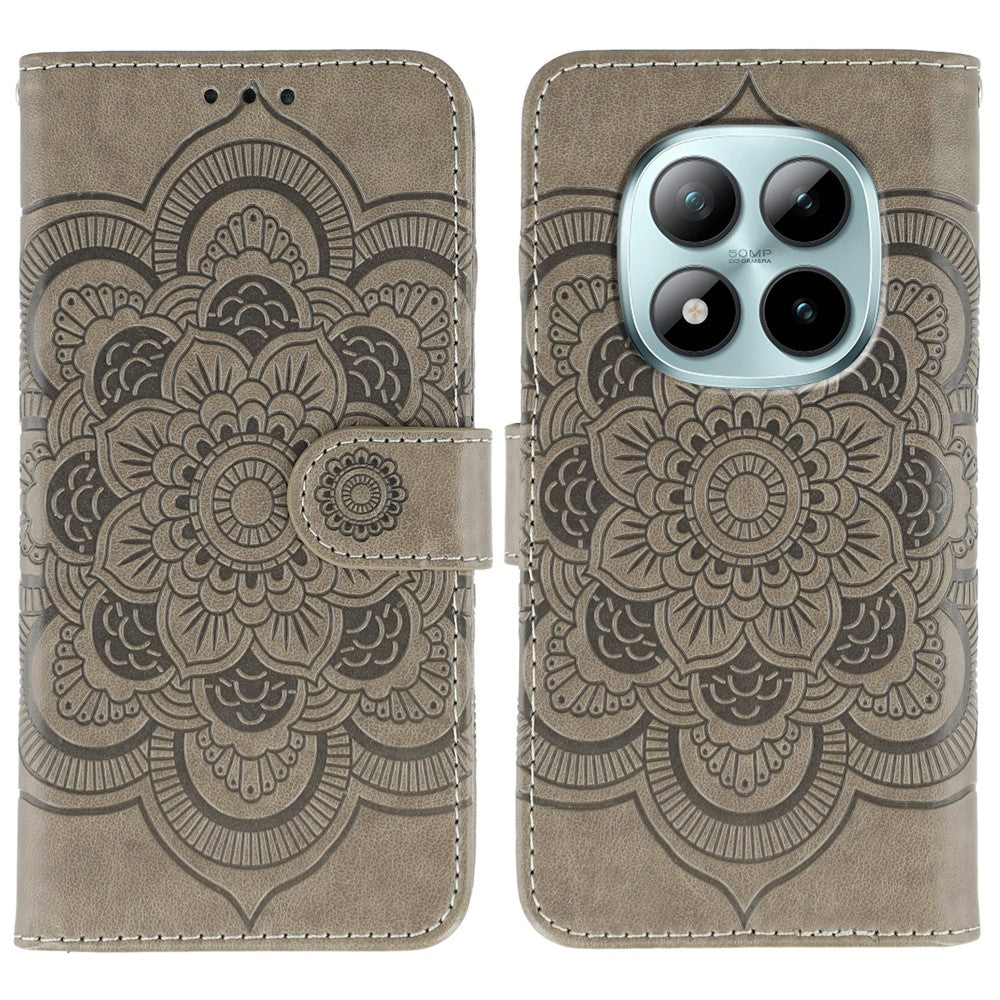 For Xiaomi Poco M8 Pro 5G / Redmi Note 15 Pro+ 5G (Global) Case PU Leather Mandala Imprinted Design Wallet Phone Cover with Wrist Strap - Grey
