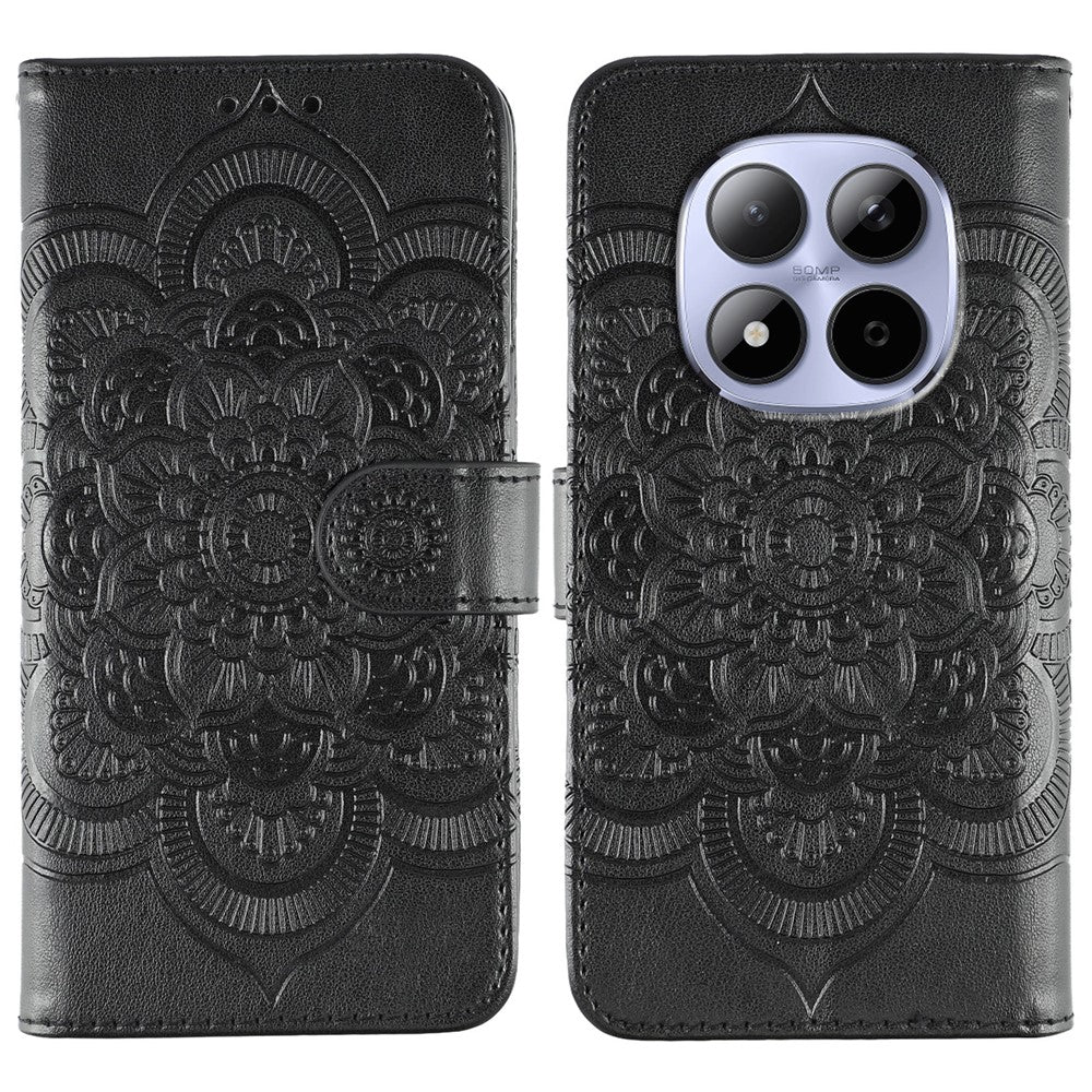For Xiaomi Redmi Note 15 Pro 5G (Global) Case PU Leather Mandala Imprinted Design Wallet Phone Cover with Wrist Stra - Black