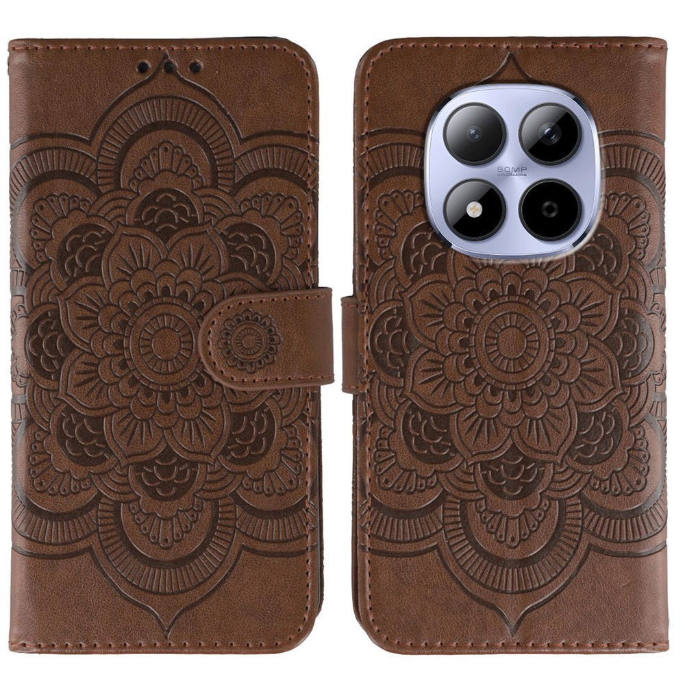 For Xiaomi Redmi Note 15 Pro 5G (Global) Case PU Leather Mandala Imprinted Design Wallet Phone Cover with Wrist Stra - Brown
