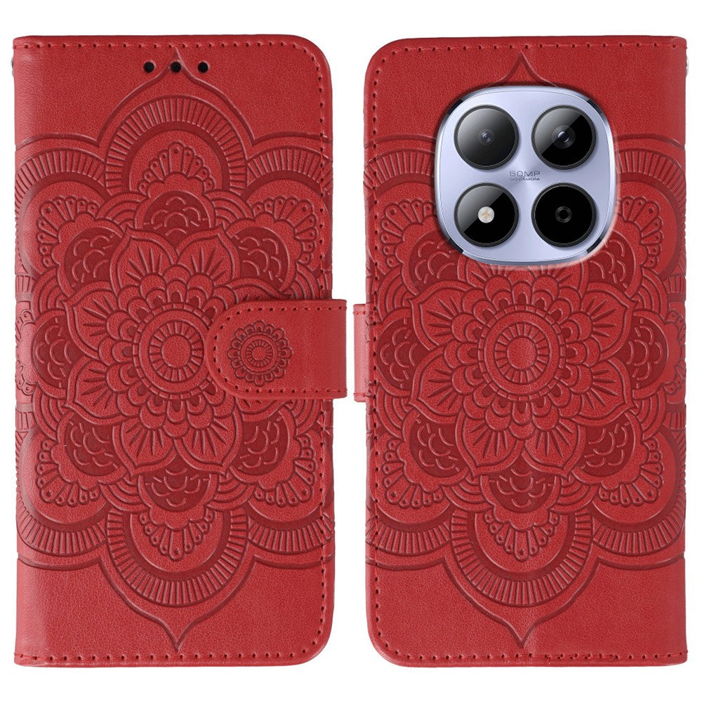 For Xiaomi Redmi Note 15 Pro 5G (Global) Case PU Leather Mandala Imprinted Design Wallet Phone Cover with Wrist Stra - Red