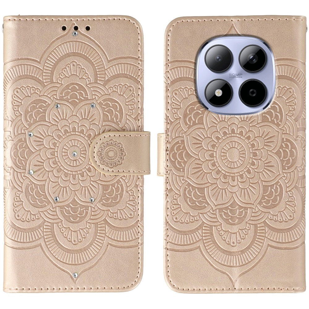 For Xiaomi Redmi Note 15 Pro 5G (Global) Case Rhinestone Decor PU Leather Mandala Imprint Phone Cover with Wrist Strap - Rose Gold