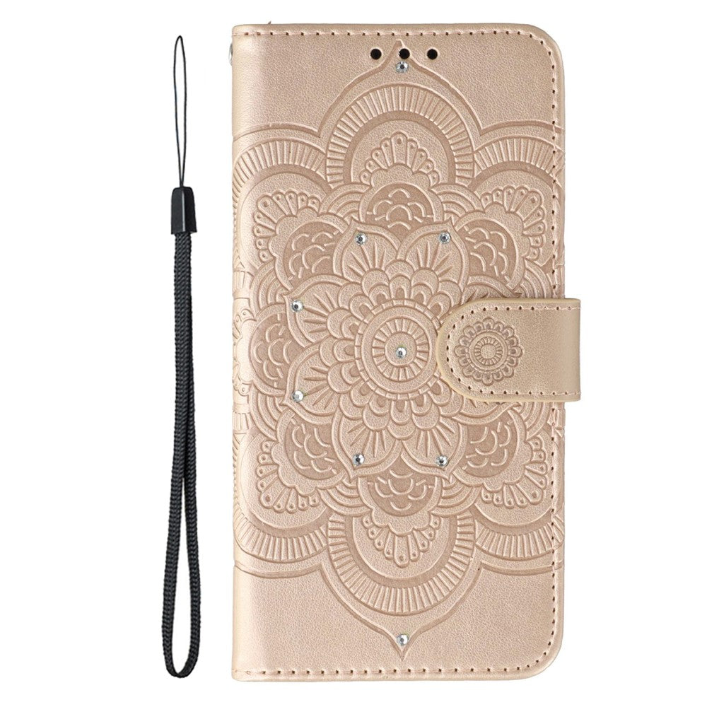 For Xiaomi Redmi Note 15 Pro 5G (Global) Case Rhinestone Decor PU Leather Mandala Imprint Phone Cover with Wrist Strap - Rose Gold
