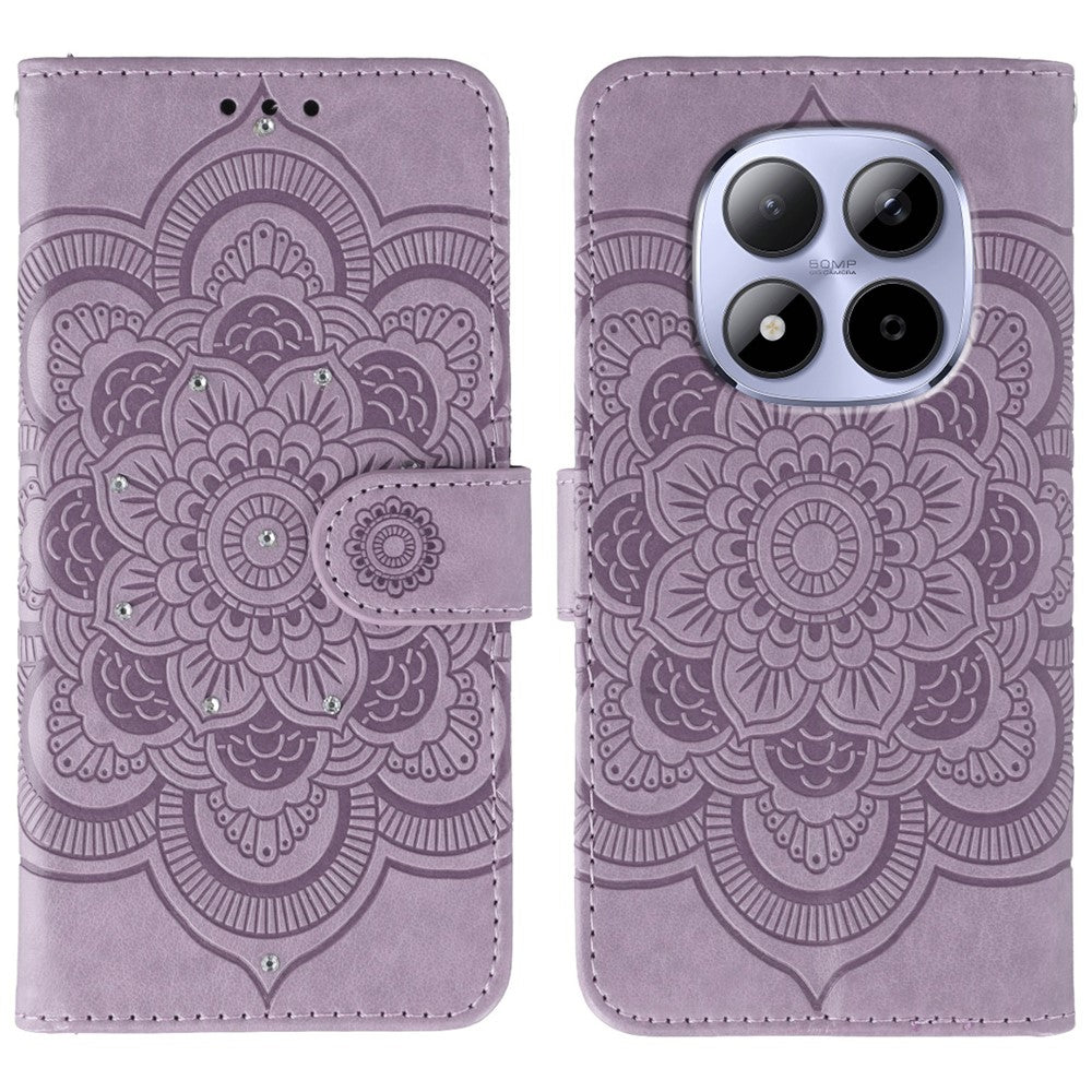 For Xiaomi Redmi Note 15 Pro 5G (Global) Case Rhinestone Decor PU Leather Mandala Imprint Phone Cover with Wrist Strap - Purple