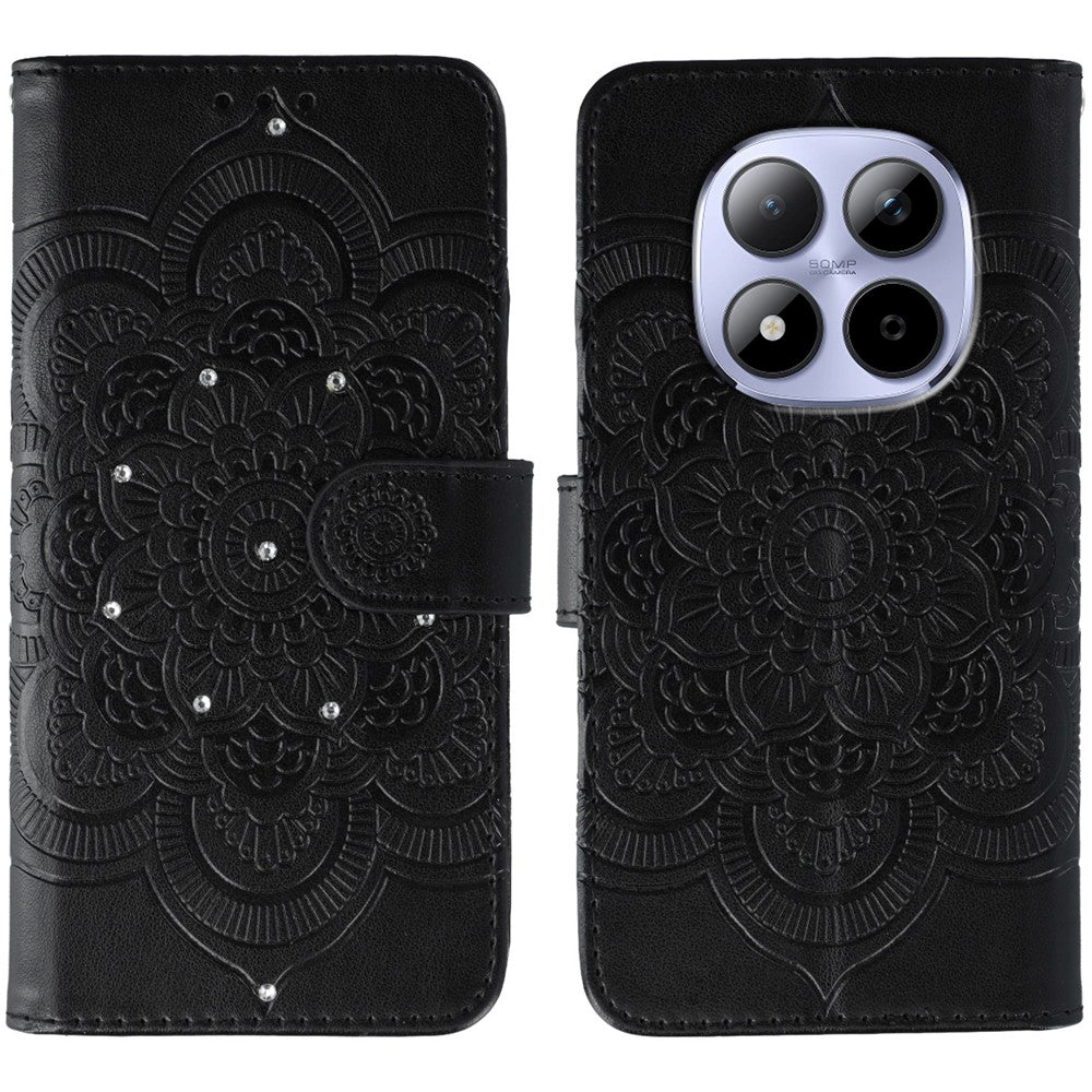 For Xiaomi Redmi Note 15 Pro 5G (Global) Case Rhinestone Decor PU Leather Mandala Imprint Phone Cover with Wrist Strap - Black