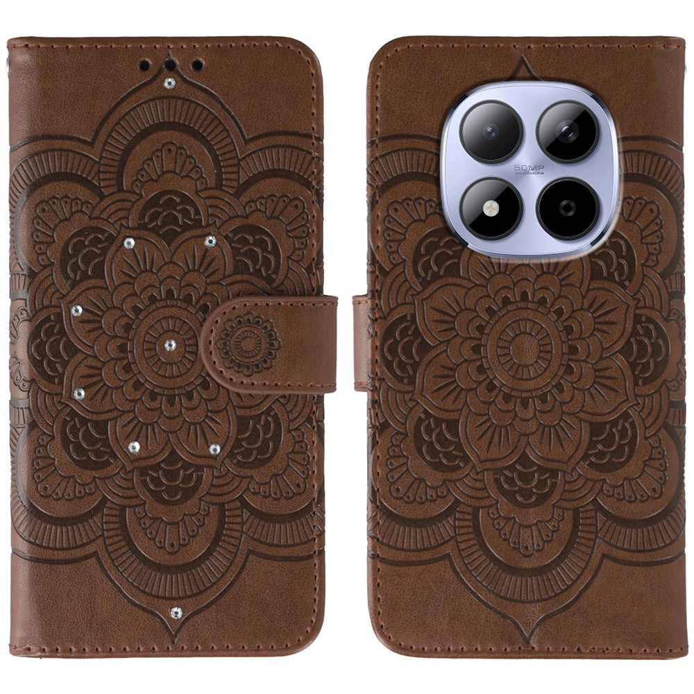 For Xiaomi Redmi Note 15 Pro 5G (Global) Case Rhinestone Decor PU Leather Mandala Imprint Phone Cover with Wrist Strap - Brown