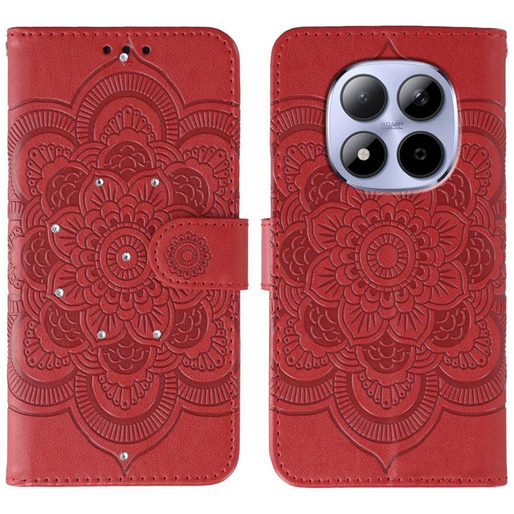 For Xiaomi Redmi Note 15 Pro 5G (Global) Case Rhinestone Decor PU Leather Mandala Imprint Phone Cover with Wrist Strap - Red