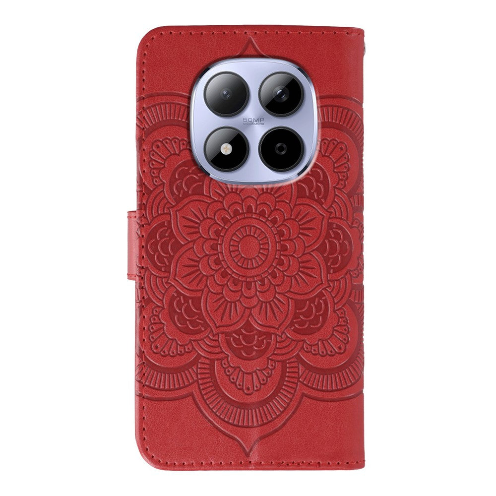 For Xiaomi Redmi Note 15 Pro 5G (Global) Case Rhinestone Decor PU Leather Mandala Imprint Phone Cover with Wrist Strap - Red